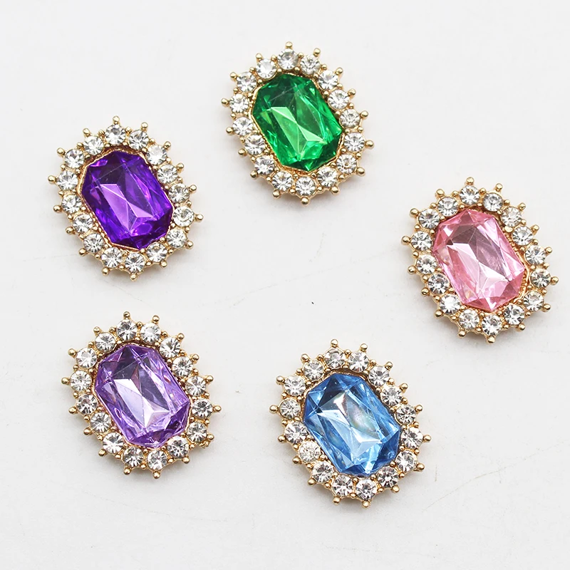 10Pcs 21*18mm Rectangular Acrylic Flat Bottom Rhinestone Alloy Buttons Garment Decoration DIY Gold Plated Jewelry Accessories