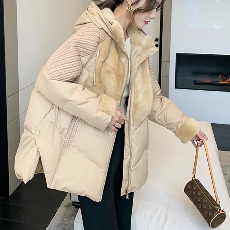 2022 New Style Women Fashion  Real Mink Fur Splicing  White Goose  Down Fur Coat Hooded Lightweight Warmth