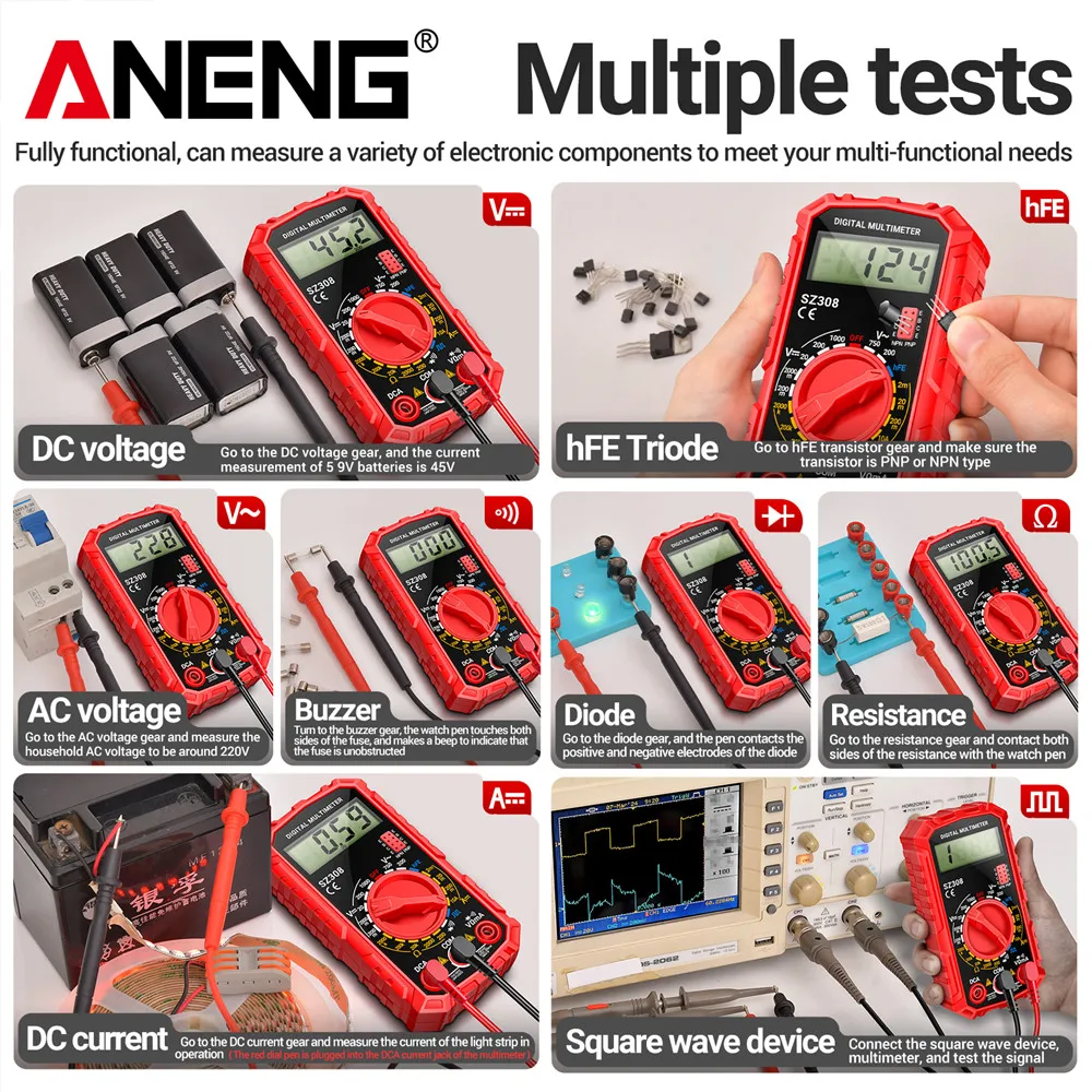 ANENG SZ308 Square Wave Digital Tester 1999 Counts HFE Triode Buzzer Multimeter AC/DC Voltage 10A Current Multimeters Meter Tool