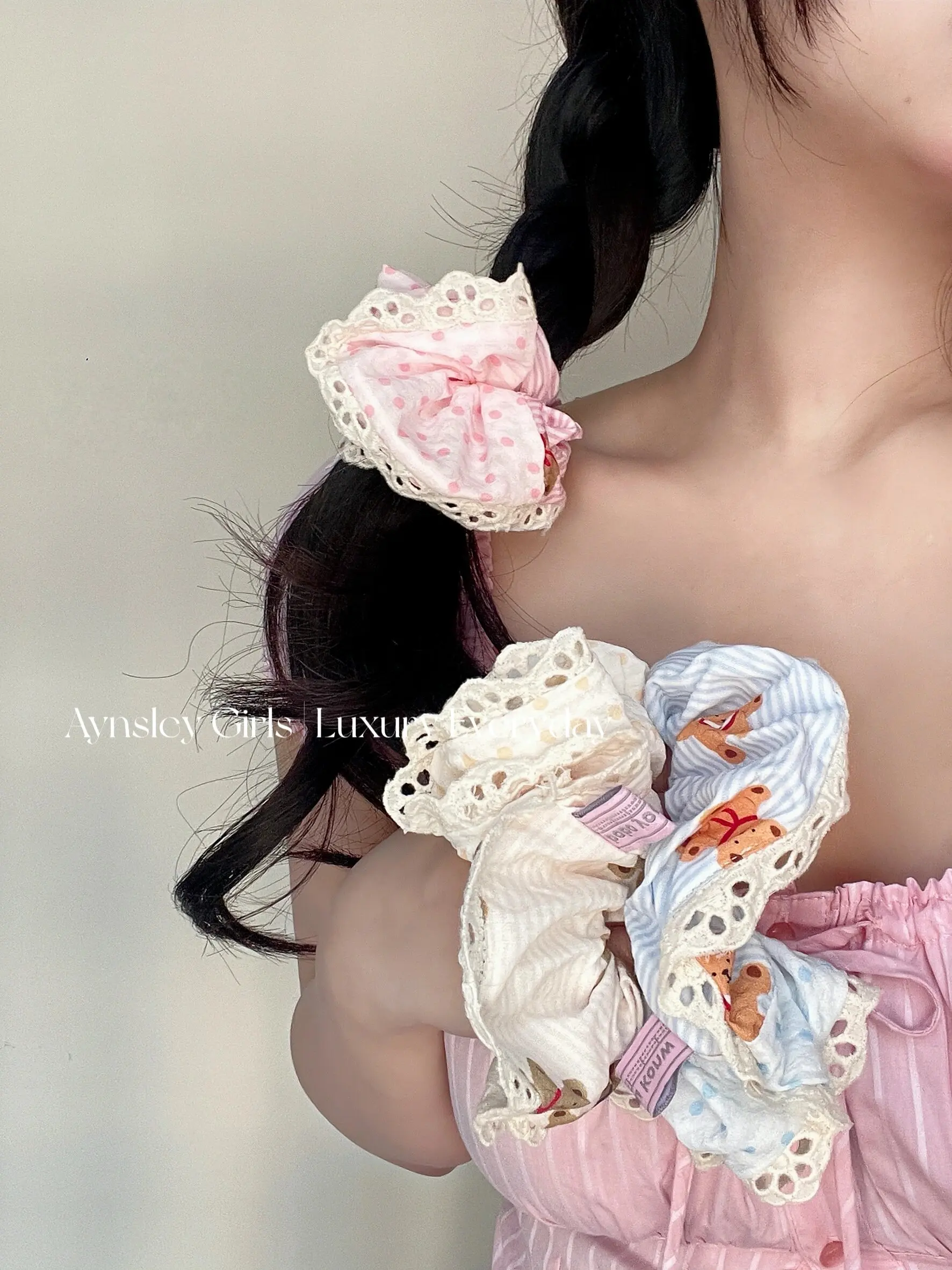 

Lace Scrunchies for Hair Dot Bear French Style Elastic Hair Bands for Girls Hair Accessories Pink Blue Hair Ties