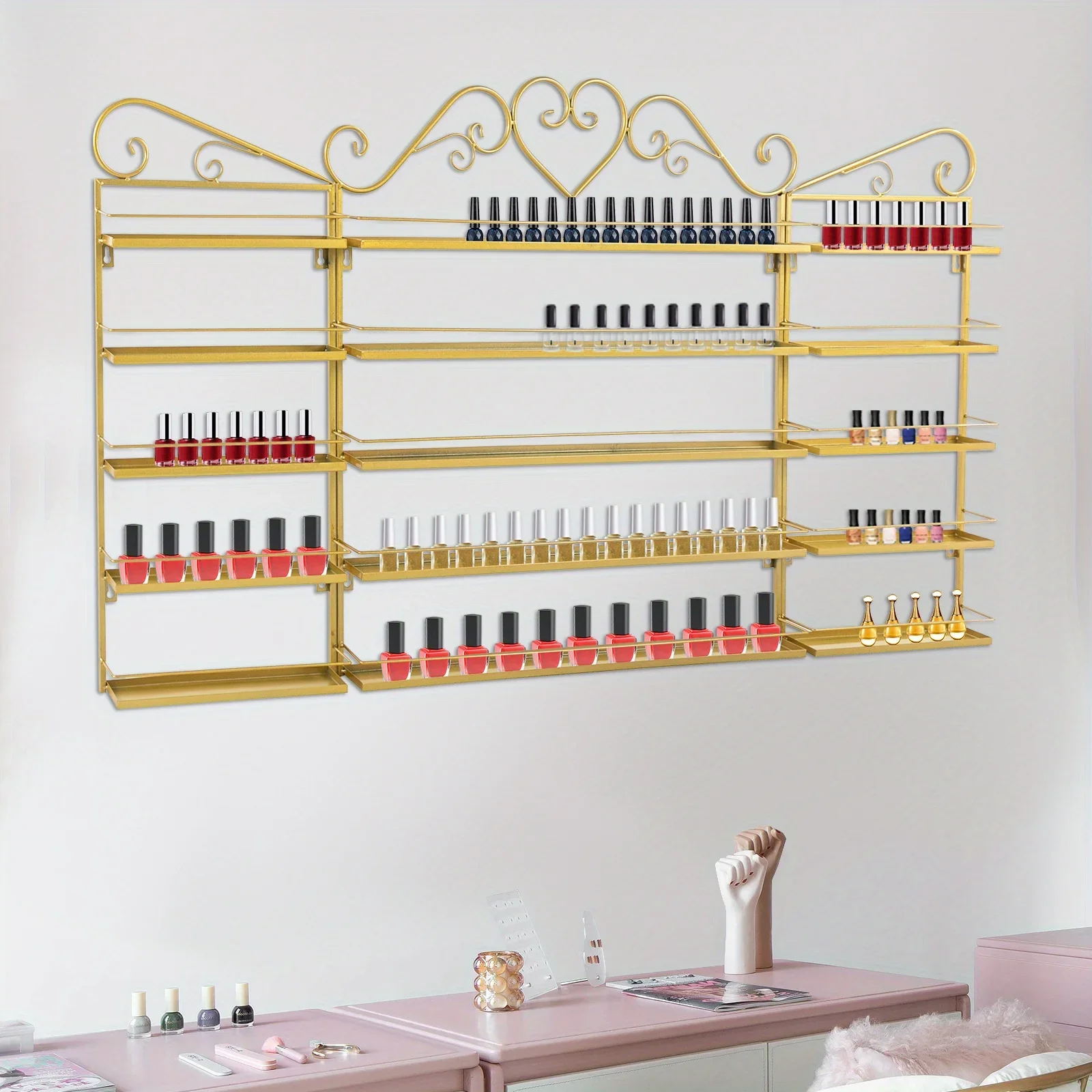 5層錬鉄製ウォールネイルアートディスプレイラック3点セット - ゴールデン、高品質、長期間使用可能
