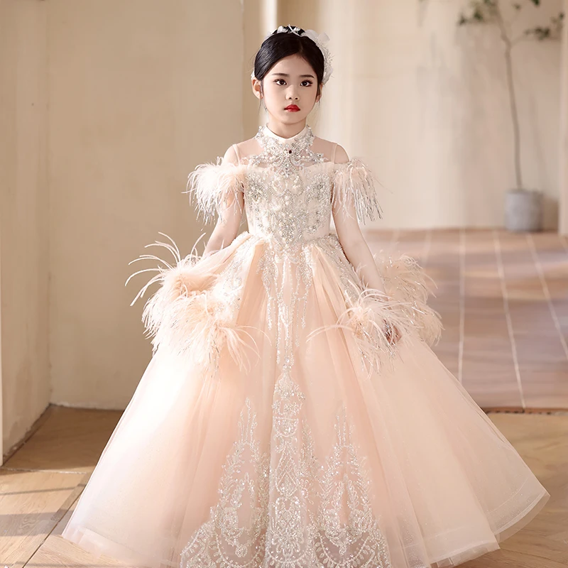 Pink Flower Girl Dress Kids Girls Princess Party Gown for Wedding Children Birthday Fashion Show Piano Performance Host Costume