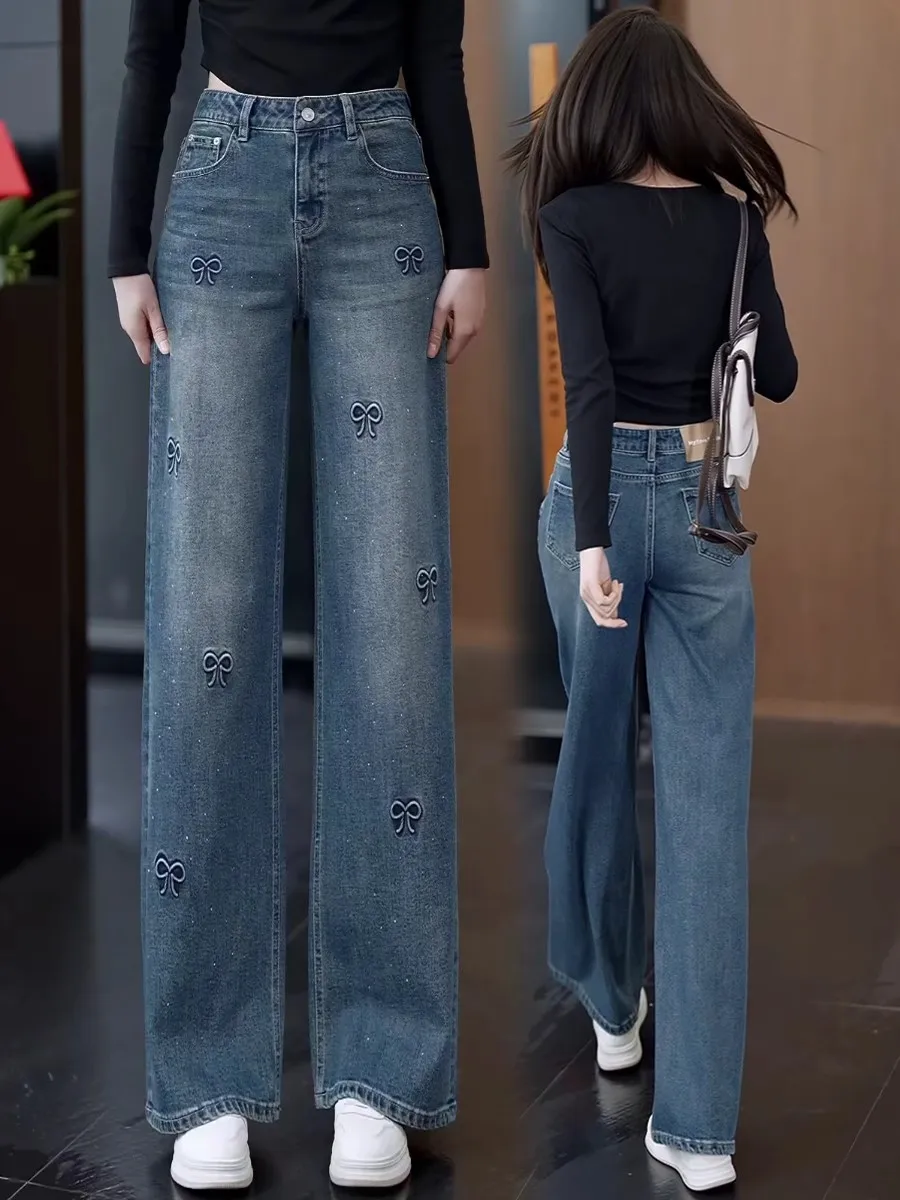 

Shiny Rhinestone Embellished Thickened Fleece High Waist Straight Leg Jeans Women's Winter Wear Blue Slim Wide Leg Trousers