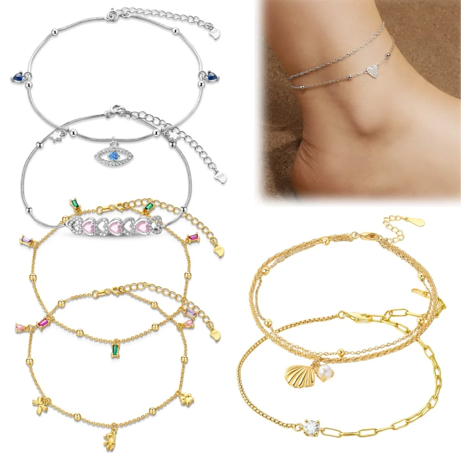 100% 925 Sterling Silber Teufelsauge Muschel Bunte Quadratische Anhänger Süße Damen Verstellbare Fußkettchen Passend für Jubiläen Schmuck