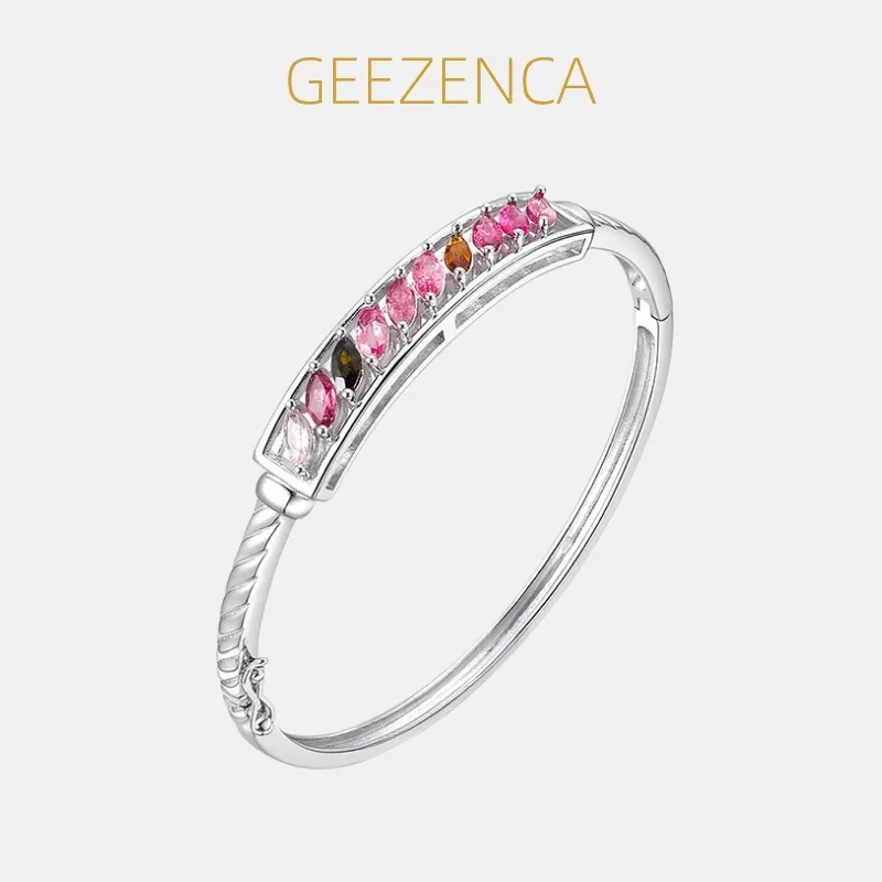 GEEZENCA 925 Sterling Silver Colored Tourmaline Stone Sparkle Bangle Women Luxury Delicate Trendy Stack Cuff Bracelet Love Gift