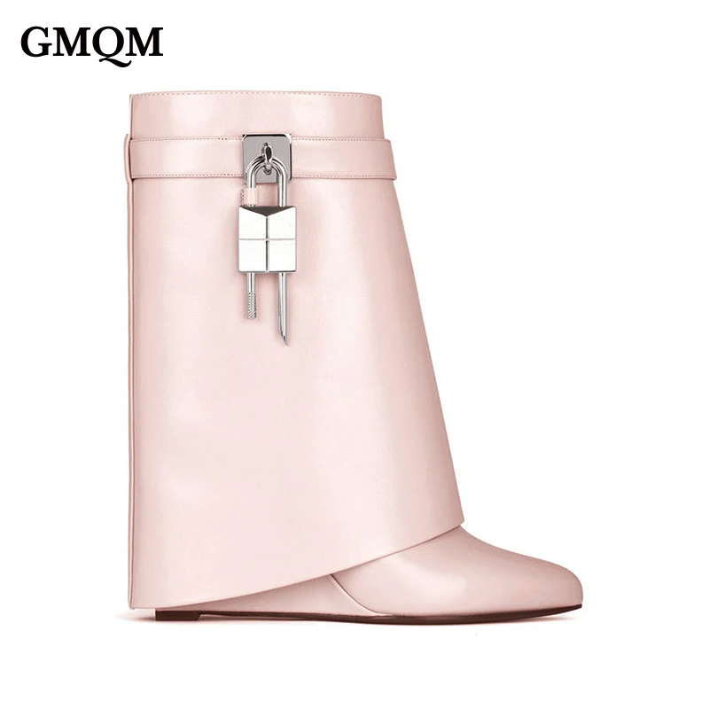 GMQM Genuine Leather Fashion Women\'s Mid-Calf Boots Platform Wedges Shark Lock Luxury Shoes Short Boots High Heels Pointed Toe