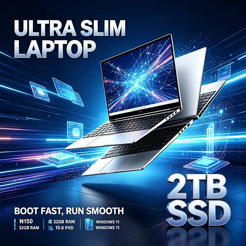 Notebook ultrafino de 15,6" com processador Intel N150, ecrã IPS FHD de 120 Hz, 32 GB de RAM, SSD de 2 TB, teclado retroiluminado e bateria de longa duração, com sistema operativo Windows 11.