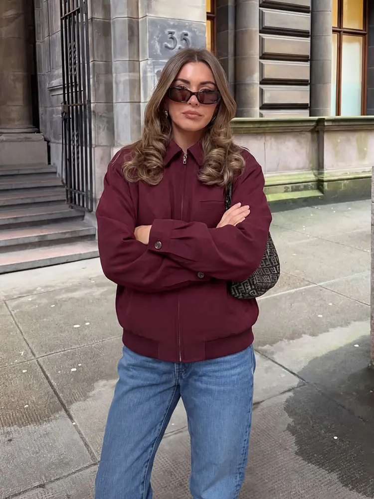 

Женская удлиненная куртка HH оверсайз бордового цвета с отложным воротником, длинными рукавами, молнией и накладными карманами для повседневной носки, свиданий, уличного стиля и прогулок