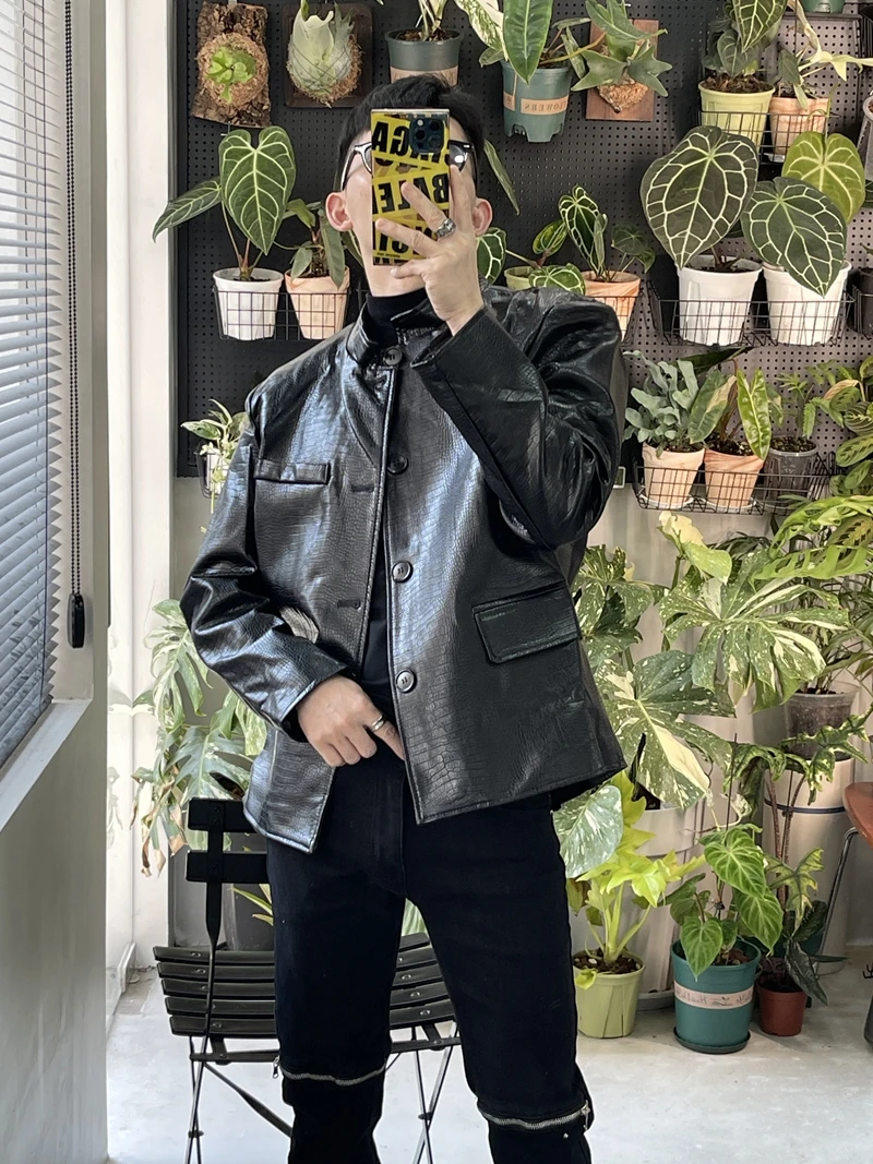 

Новая мужская повседневная куртка из мягкой кожи 2025 года с воротником-стойкой, в китайском стиле, модная уличная одежда, удобное пальто с длинными рукавами