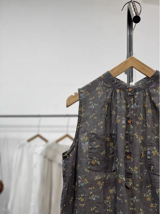 Retro Artistic Summer Floral Print Loose Slimming f Buttoned Svel Top Ethnic Sle Women's irt round Ne Casual Wear