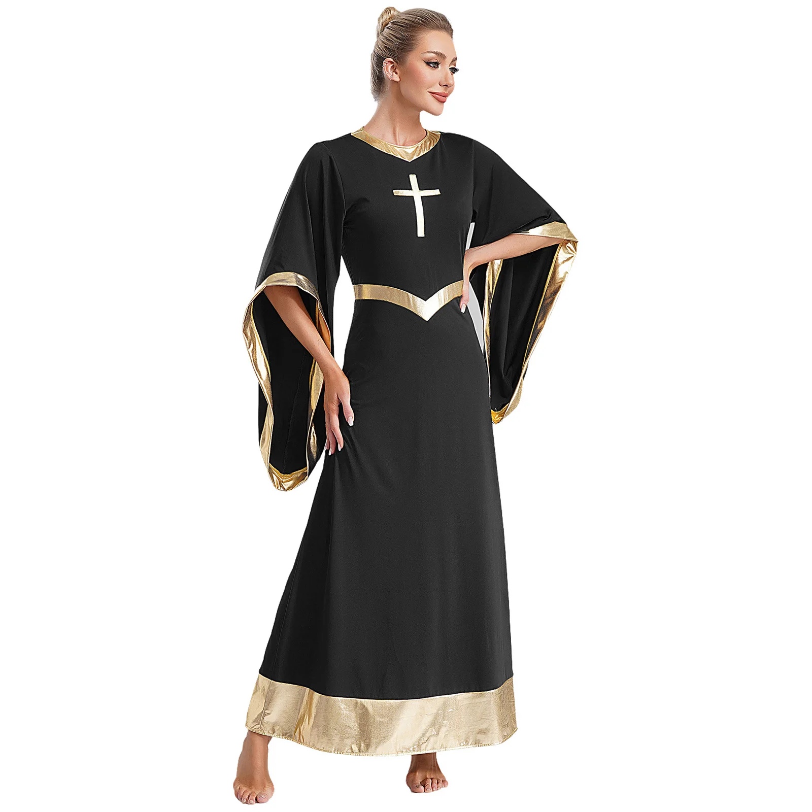 Women Modern Lyrical Dance Dress Church Choir Worship Liturgical Praise Performance Gown Flared Sleeve Color Block Maxi Dresses