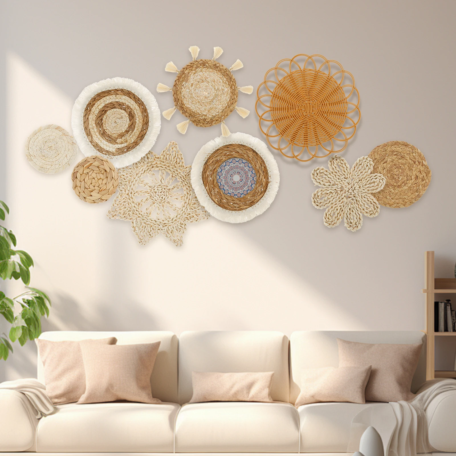 

9 шт., настенный декор в богемном стиле, настенная корзина, украшение для дома в стиле бохо, натуральное настенное искусство ручной работы для спальни, гостиной, орнамент