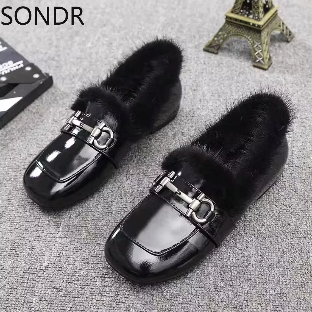 Womens Round Toe Real Mink Fur Loafers Metal Decor Warm Winter Slip on Shoes Low Heel New 2024