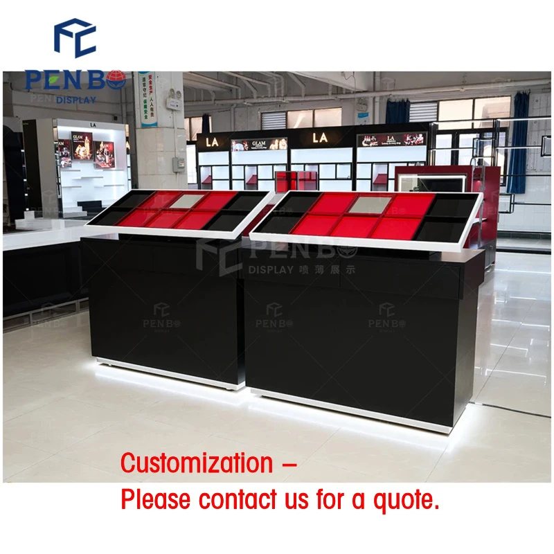 custom.Modern Skin Care Products Shop Interior Design Double Sides Makeup Product Display Shelves Design Display Cab