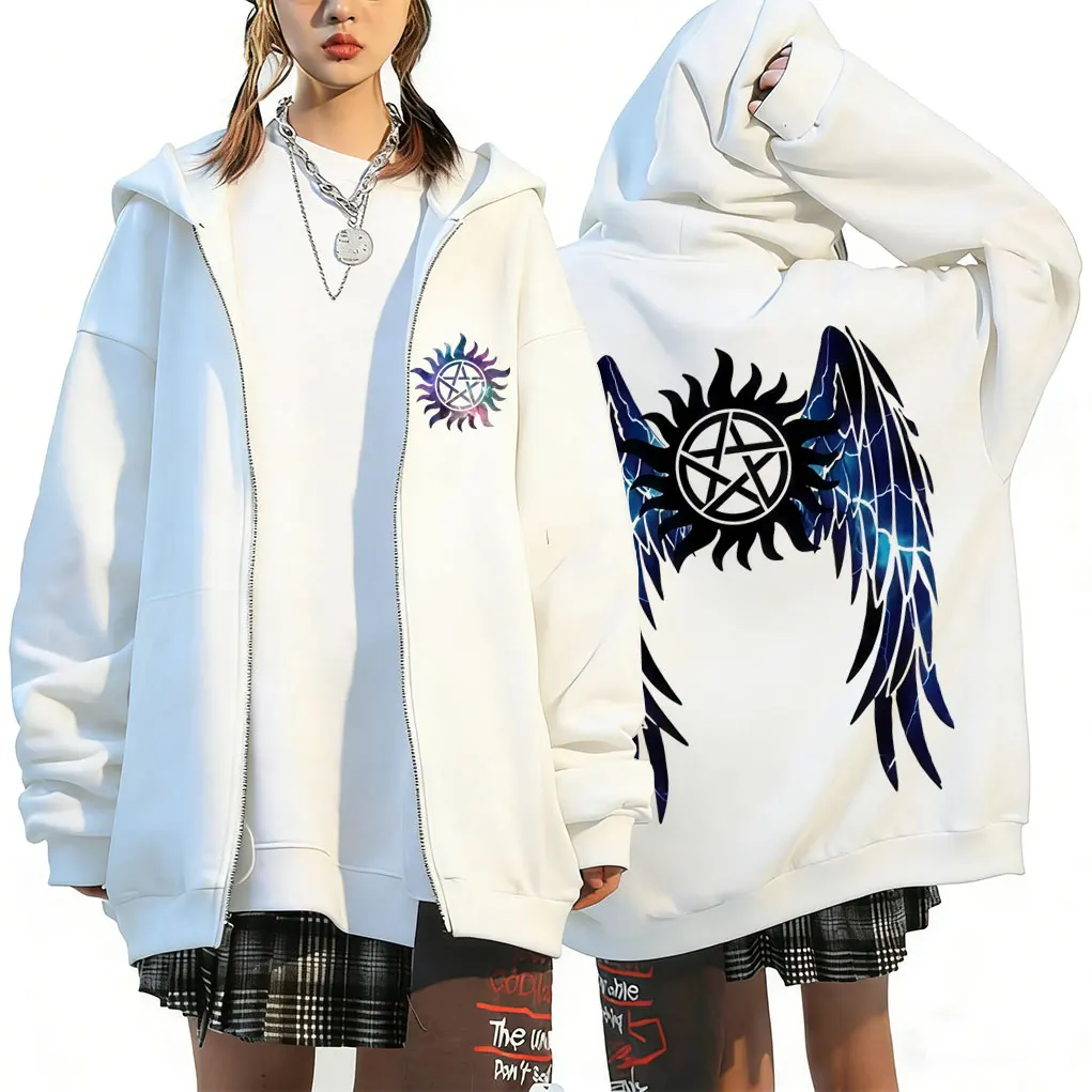 TV Series Supernatural Graphic Zipper Hoodie Men Women Fleece Cotton Zip Up Jacket Unisex Cosplay Oversized Zip Up Sweatshirt