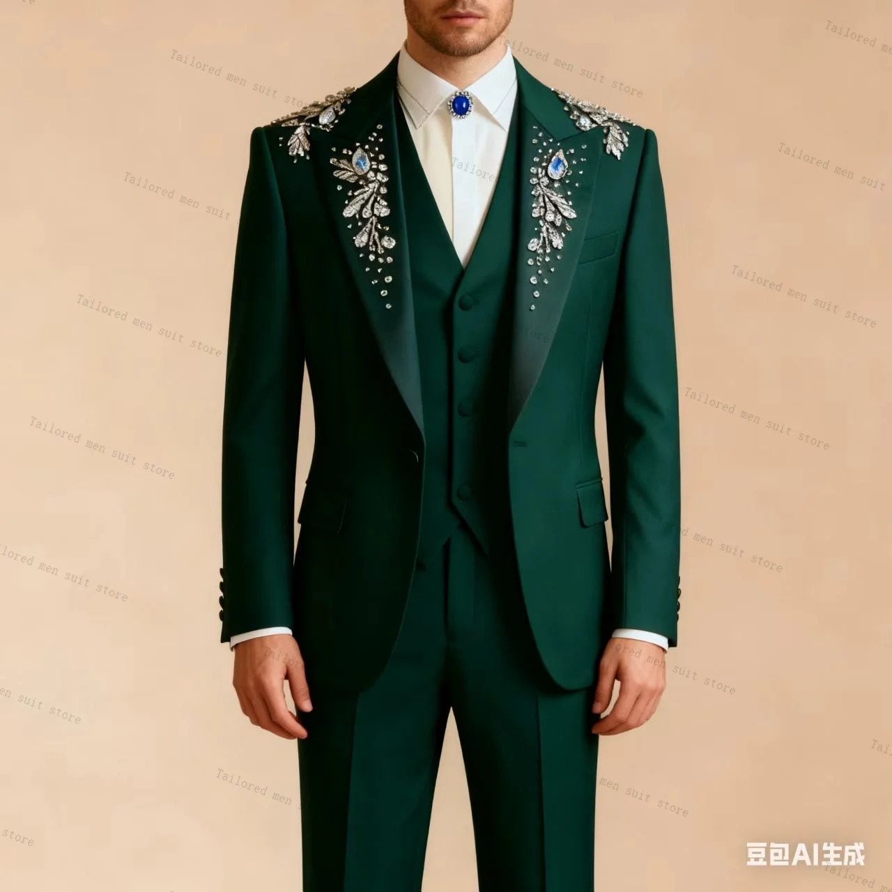 

Green Men Suits Pants Set 3 Pcs Crystals Blazer+Vest+Trousers Cotton Guest Wedding Tuxedos Prom Jacket Formal One Button Coat