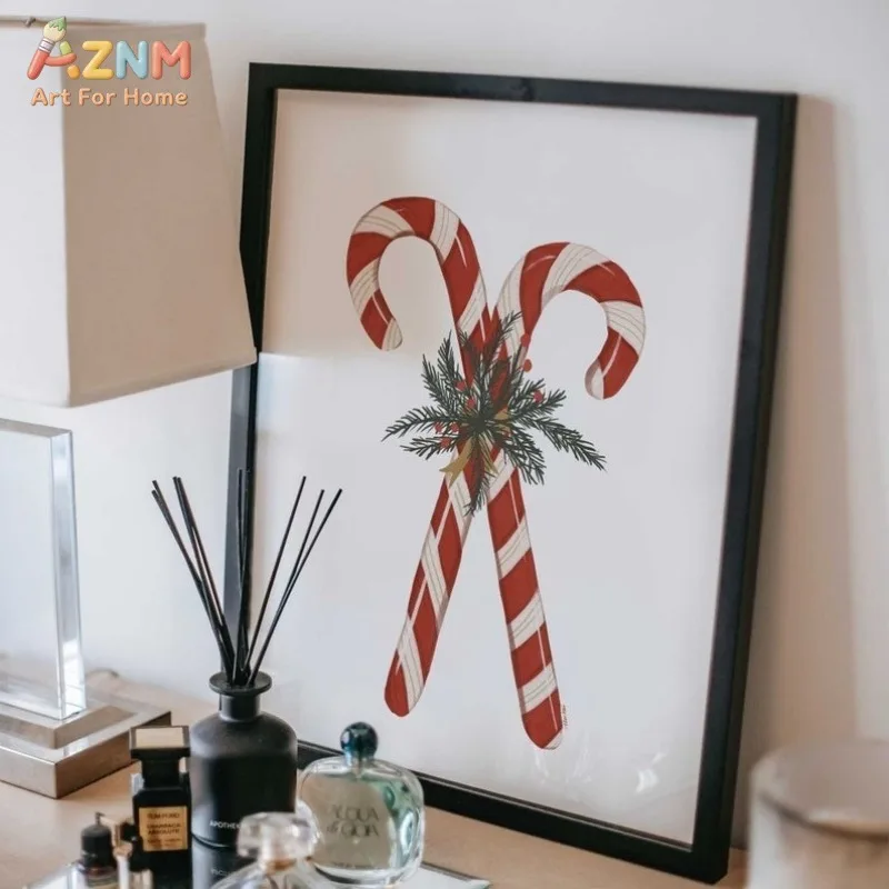 AZNM Crossed Red White Candy Cane Canvas Wall Art Pine Sprig Decor Minimalist Vintage Christmas Farmhouse Winter Home Wall Art U