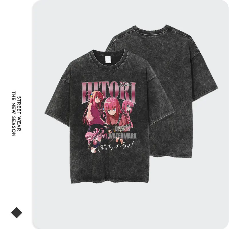 Gotou Hitori T Shirts Vintage Washed Anime Bocchi the Rock T-shirt Oversized Short Sleeve Yamada Ryou Tops Tees Girls 100%Cotton