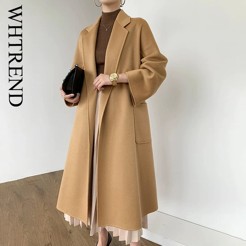 

WHTREND двустороннее шерстяное пальто для женщин, однотонные шерстяные пальто с лацканами и карманами на поясе, офисные женские осенне-зимние WH1062