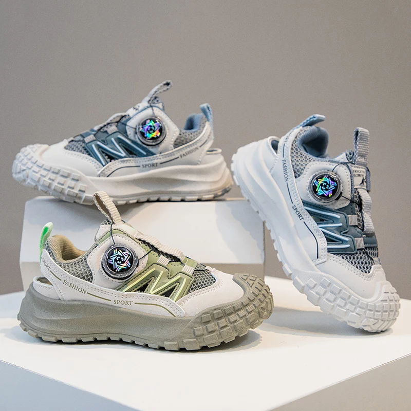 

2025 New Boys Girls Sports Shoes Rotating Button Students Sneakers Hollowed-out Summer Students Running Shoes Mesh Breathable