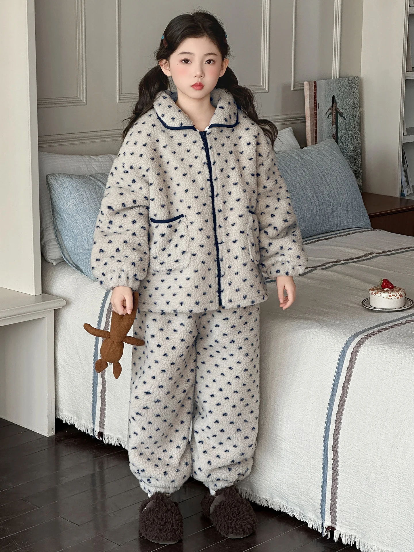 

Girls Fce Lined Thi Warm Spwear Set Autumn Winter Two Piece Suite Children's Home Clothes Long Sve Zipper Casual S...