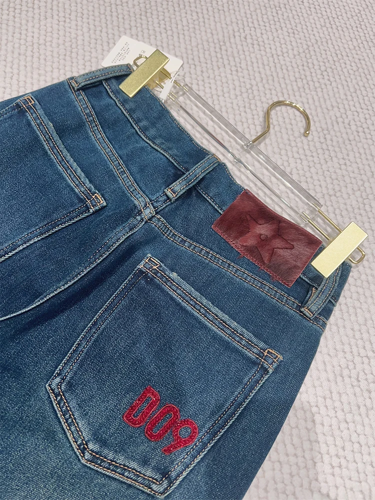 

Синие джинсы прямого кроя с флисовой подкладкой, повседневные, с завышенной талией, из хлопковой ткани, с бисером, женские, большие размеры, прямой крой