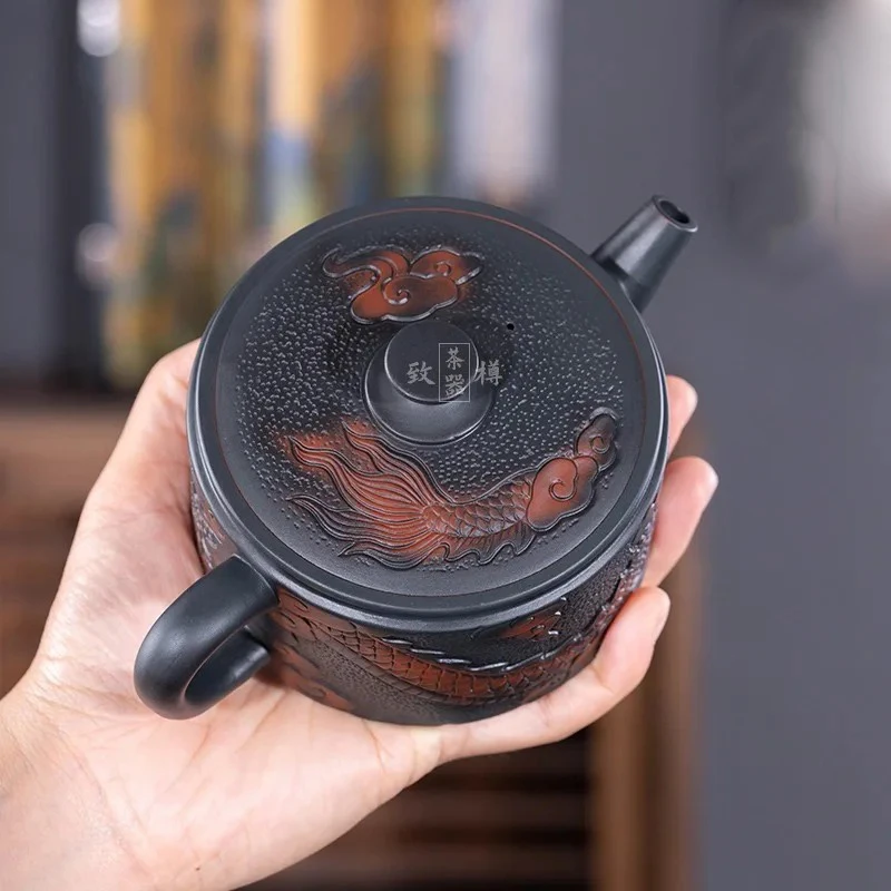 

Pure Handmade Teapot Kung Fu Tea Set Original Yunnan Purple Pottery Fengming Pot Fully Carved Dragon Han Tile Pot