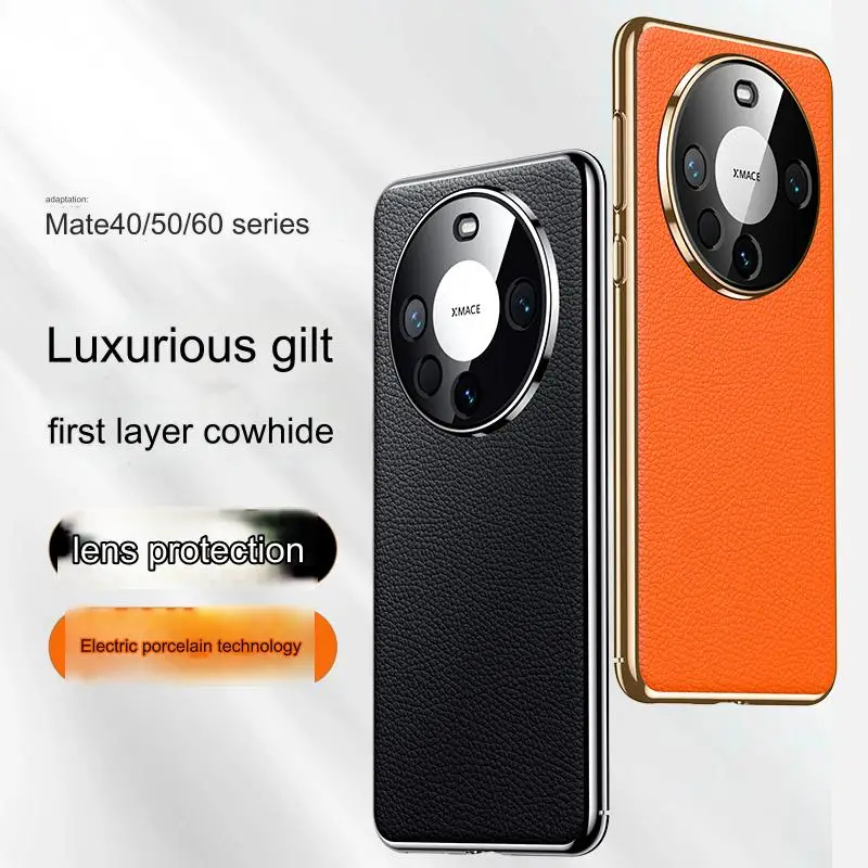 

Premium Top Grain Genuine Leather Case For Huawei Mate 40 50 60 70 80 Pro+ Max Cover With Camera Lens Protector Electroplated