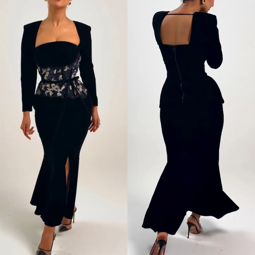 

Customized Evening Sexy Casual Jersey Draped Sequined Pleat Clubbing Mermaid Square Collar Bespoke Occasion Gown Midi Dresses