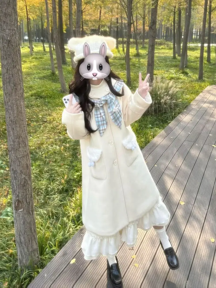 

Japan Sweet Girly Commuter Style Hooded Woolen Coat For Women Winter Long Thickened Slim Coat