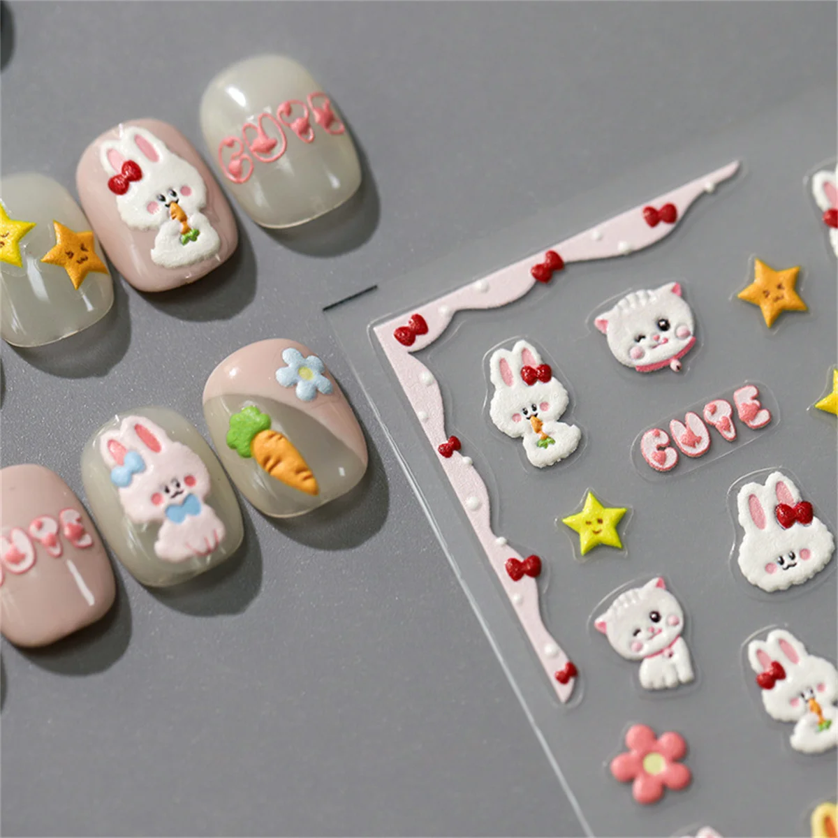 1 Blatt 5d Relief kawaii Kaninchen Nail Art Aufkleber Cartoon blau rosa Tiere Backglue Nagel Dekorationen selbst klebende Abziehbilder Zubehör