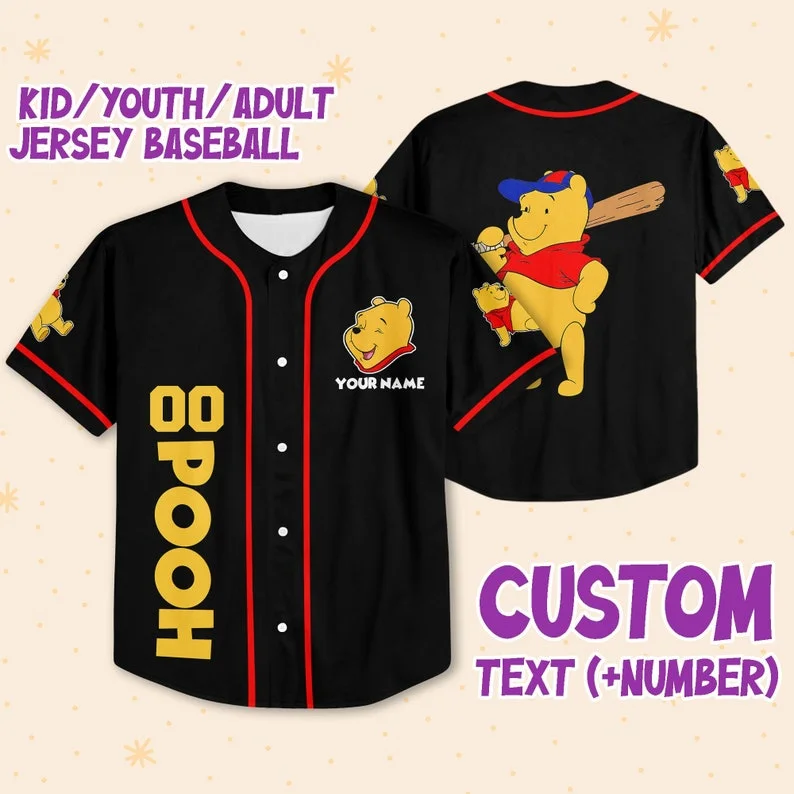 Disney Baseball Jersey Personalize Pooh Red Custom Kids, Youth, Adult 3D All Over Print Baseball Jersey Sports Outfits Cute Gift