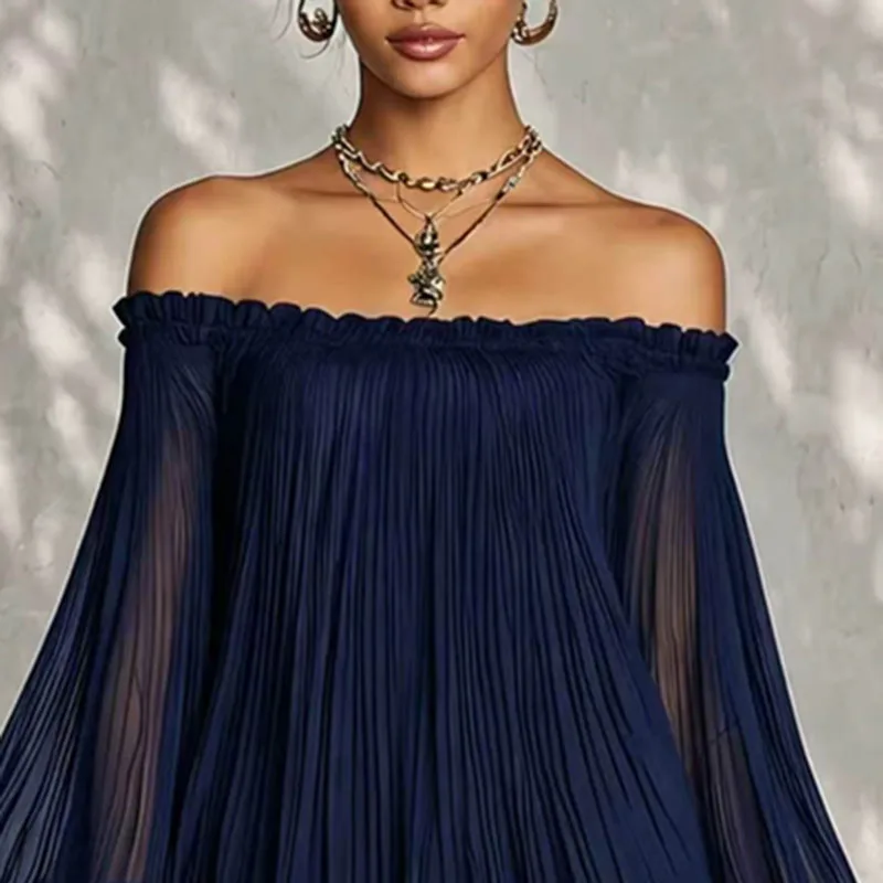 Vintage Solid Off Shoulder Mini Dress Pleated Sheer Flared Long Sleeve Ruffle Trim Loose Flowy Dress Summer Travel Party Dresses