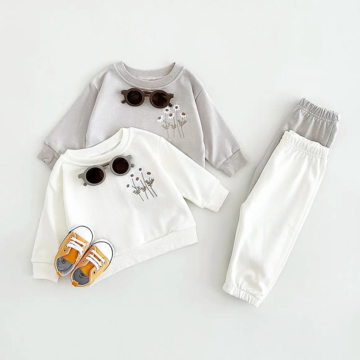 New Boys Girls Infant Baby Clothes Newborn Baby Long Sleeve Sweater Wool Daisy Embroidery Top+Solid Color Pants Kids Clothes