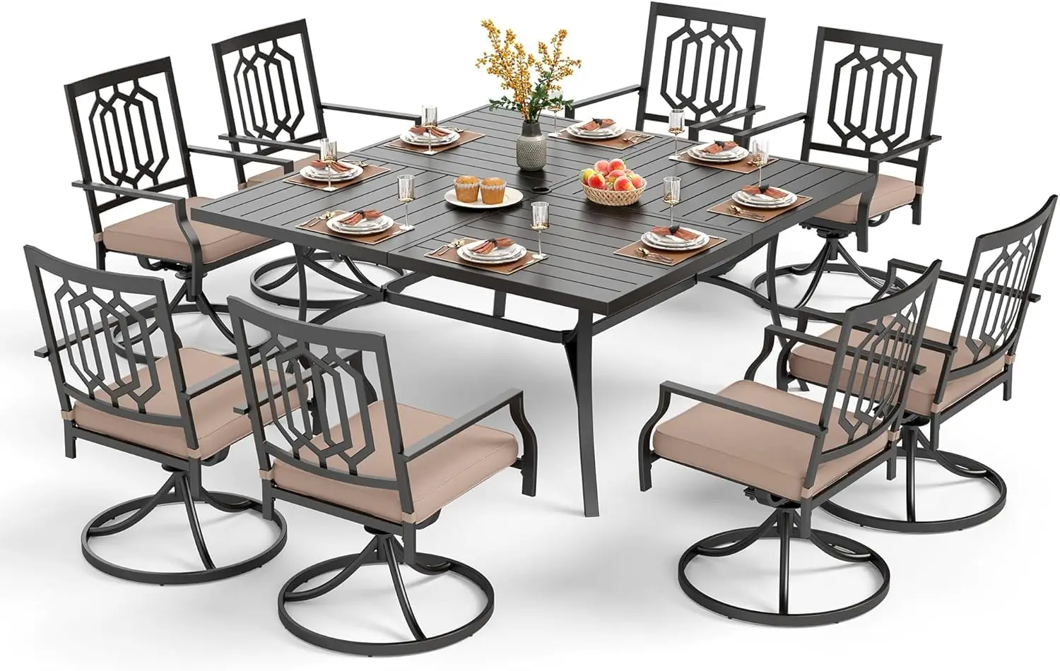 

9 Pieces Outdoor Dining Set For 8, 60" Black Square Wrought Iron Table With Umbrella Hole & Swivel Metal Chairs, Customized