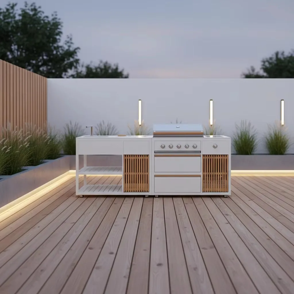 Modern Outdoor Kitchen BBQ Island With Luxurious Premium Style Fitted With Propane Gas Fridge For Backyard Patio Garden Decor