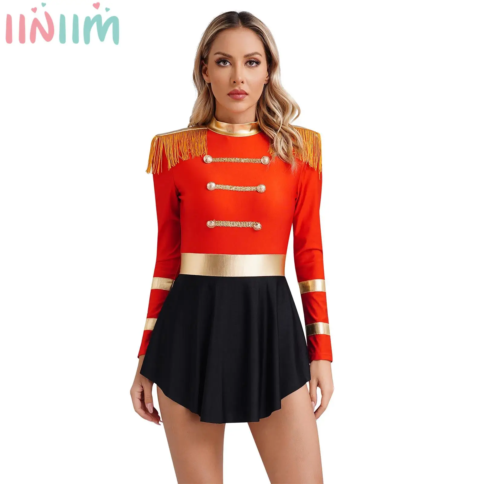

Womens Circus Ringmaster Bodysuit Dress Fringe Shoulder Boards Keyhole Long Sleeve Dress Halloween Lion Tamer Cosplay Costumes