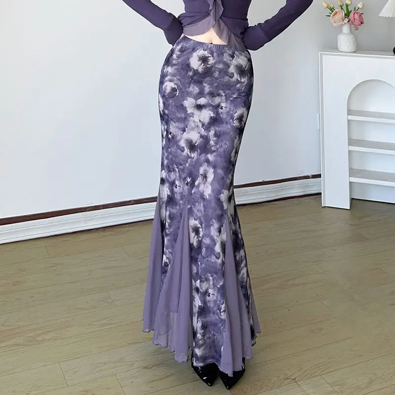 Retro Floral Print Purple Mesh Bodycon Sexy Midi Skirt Vacation Style Women Skirts