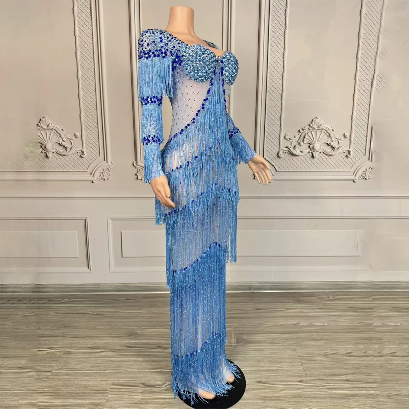 Blaue Diamant-Strasssteine mit Fransen, Abendkleider, Partykleider, Damen-Performance, Festival-Outfit, Bar, Nachtclub, Bühnenshow-Kostüm