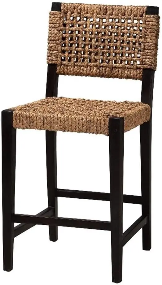 Alise Modern Bohemian Dark Brown Mahogany Wood And Banana Fiber Counter Stool