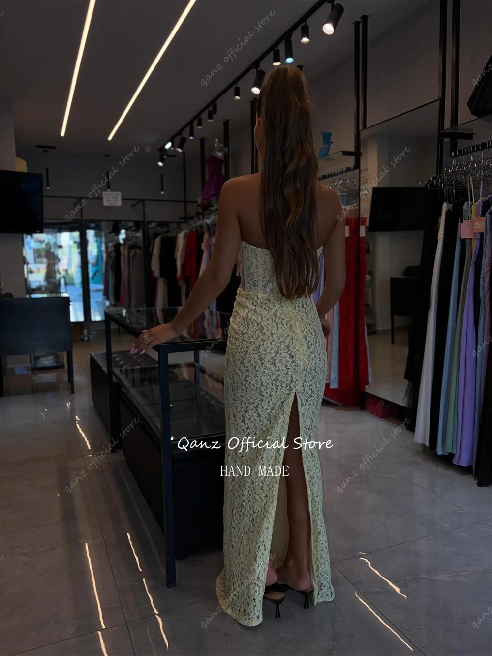Qanz Yellow Full Lace Evening Dresses Women Elegant Mermaid Wedding Guest Dresses Classy High Slit Vestidos De Fiesta Customized