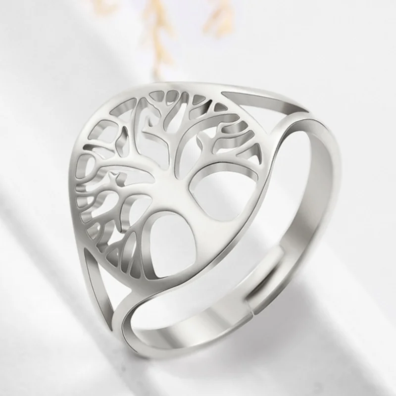 Jeshayuan New Tree Of Life Ring For Women Stainless Steel Adjustable Celtic Oak Tree Crann Bethadh Rings Wedding Jewelry Gifts