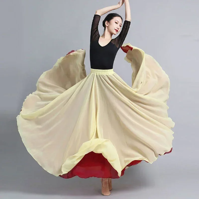 Vrouwen Dubbelzijdig Chiffon Grote Schommel Rok 540/720 Graden Klassieke Dans Rok Buikdans Kostuum Stage Performance maxi Rokken