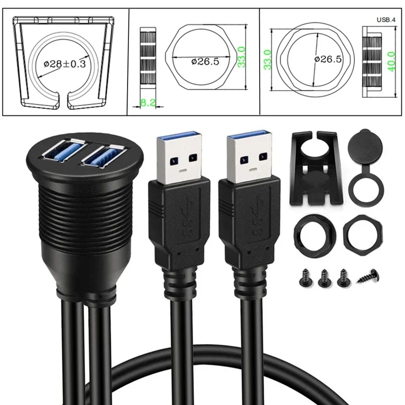 Двойное крепление на панель приборной панели USB3.0, код удлинителя между мужчинами и женщинами для автомобиля, лодки, мотоцикла, USB 3.0, панельное крепление для скрытого монтажа, водонепроницаемый кабель 2 м