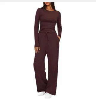 

Women's Two-piece Casual Sweatpants Spring And Summer Solid Color Long-sleeved Navel Top Suit Drawstring Stretch Wide-leg Pants