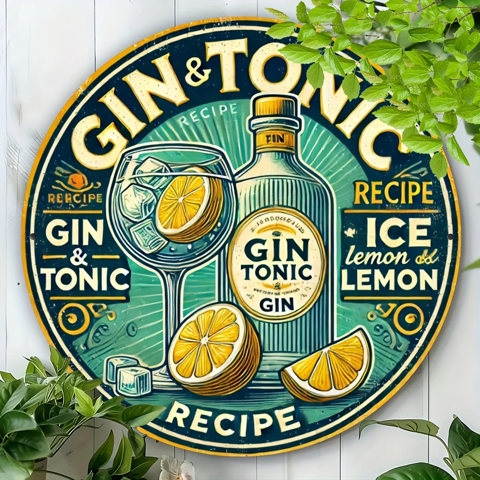 2D Flat - Vintage Gin and Tonic Recipe Metal Wall Art Round Aluminum Sign with Lemon and Ice Design, Suitable for Indoor/Outdoor Decoration, Perfect for Home, Bars, Cafes, Offices, Metal Wall Art Decoration