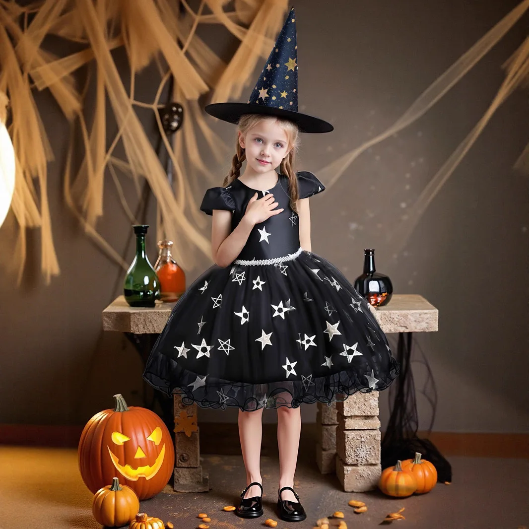 

Baby Halloween Costume Girls wizard Mesh Dress and hat Children Vampire Performance Elegant Dresses Festival Theme Party Dresse
