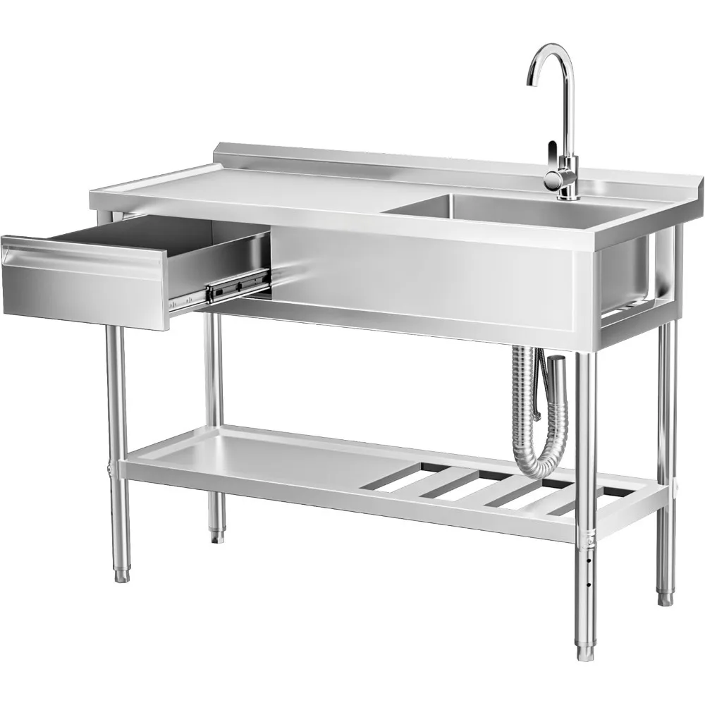 حوض المرافق عالي الجودة من الفولاذ المقاوم للصدأ، وعاء واحد قائم بذاته، حوض المطبخ التجاري مع منضدة ورف تخزين،