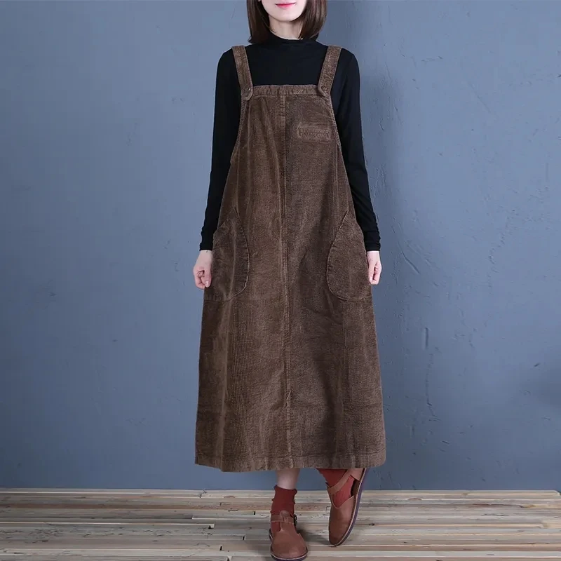 2025 primavera nova cor sólida veludo artístico vestido retro para mulheres solto conforto vestido de alça longa feminino com bolsos preto marrom