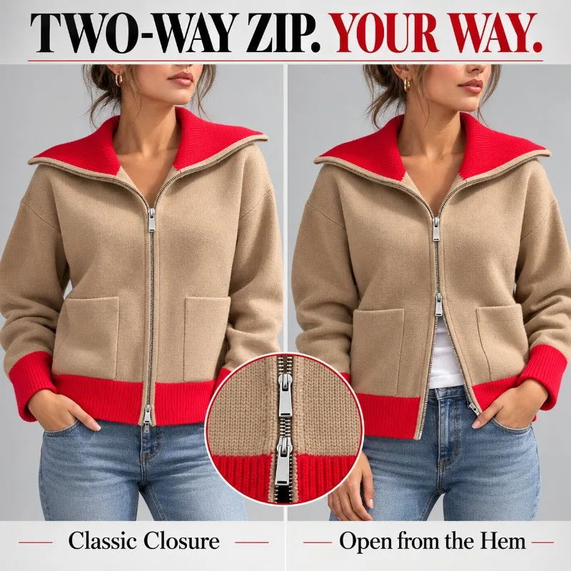 Women Colorblock Knit Cardigan Two Way Zip Sweater Jacket Turn Down Collar Pockets Autumn Winter Casual Outerwear
